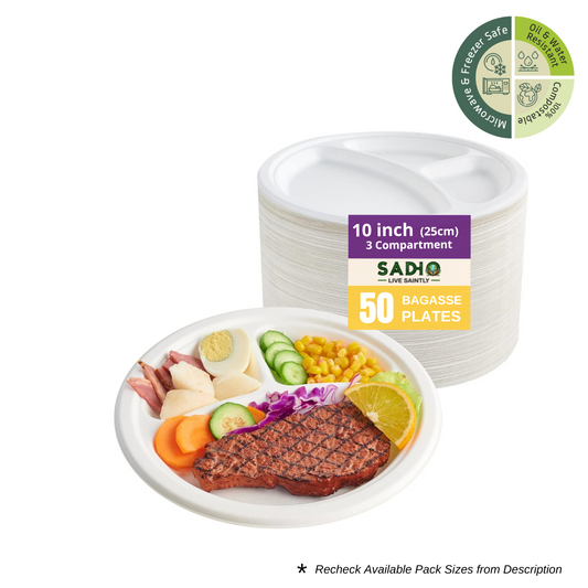 10 inch (25cm) Plates with 3 Compartments (Round) Bagasse (White)