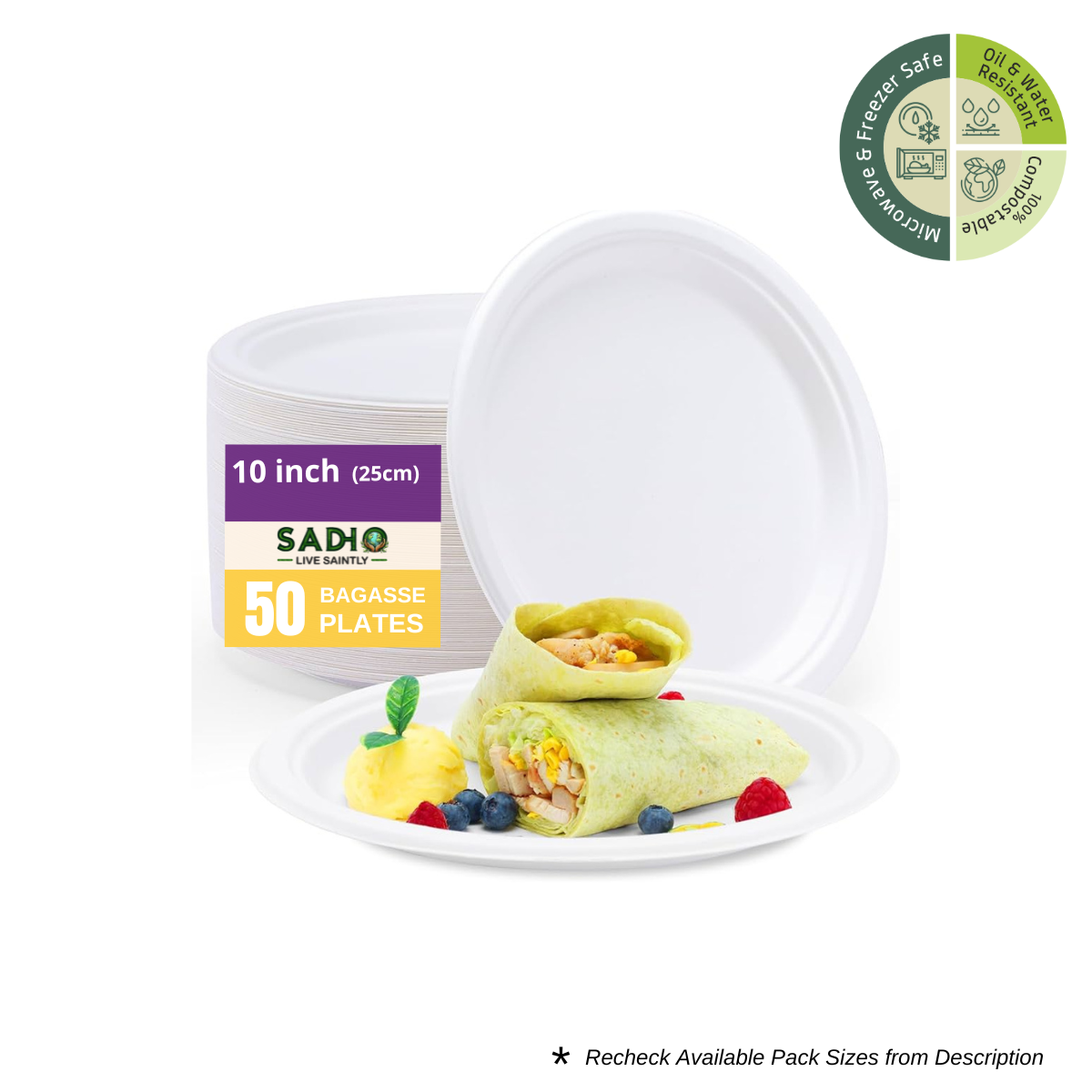 10 inch (25cm) Plates (Round) Bagasse (White)
