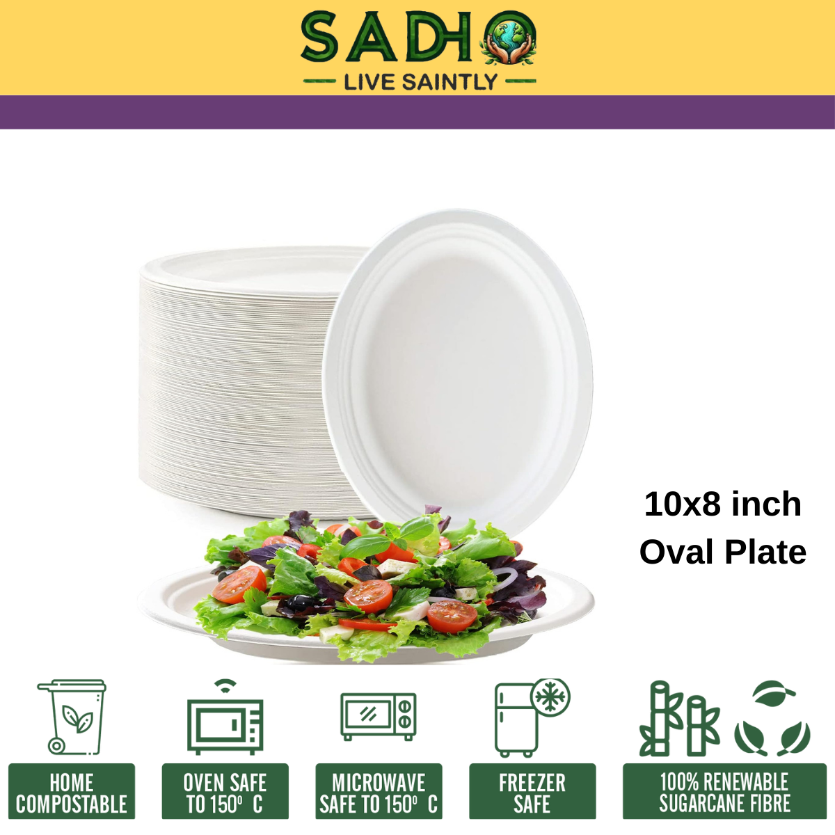 10x8 inch (25x20cm) Plates (Oval) Bagasse (White)