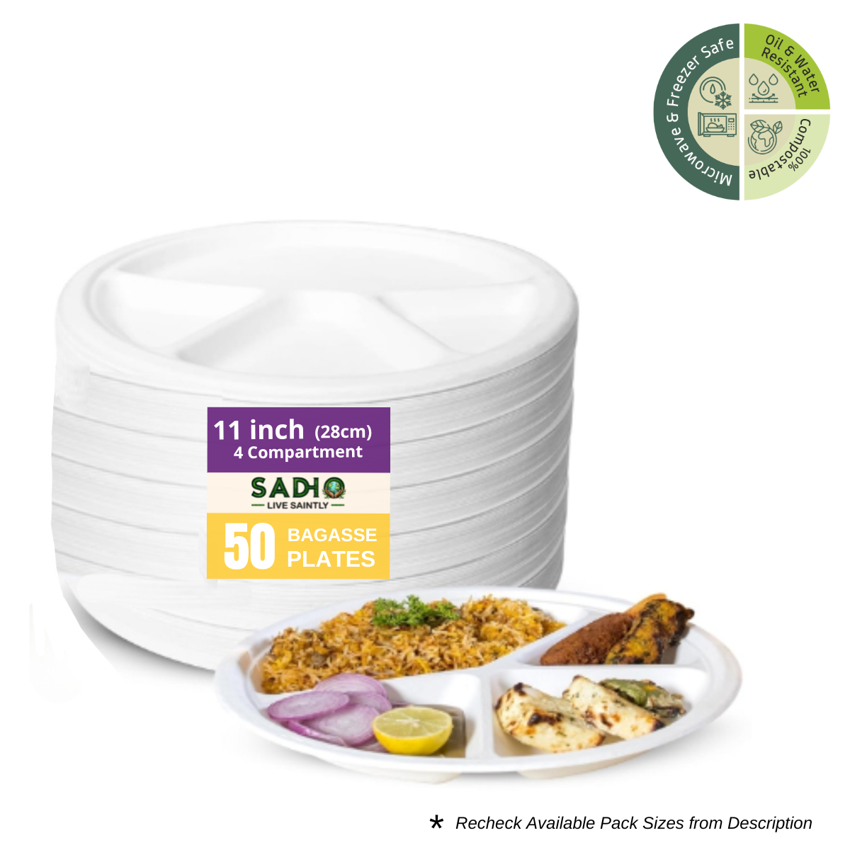 11 inch (28cm) Plates with 4 Compartments (Round) Bagasse (White)