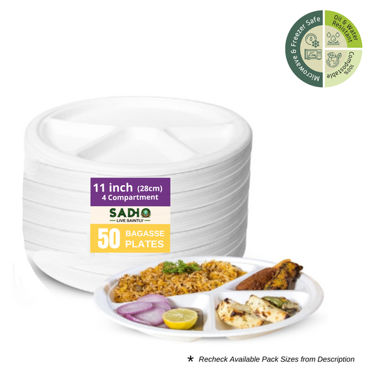 11 inch (28cm) Plates with 4 Compartments (Round) Bagasse (White)