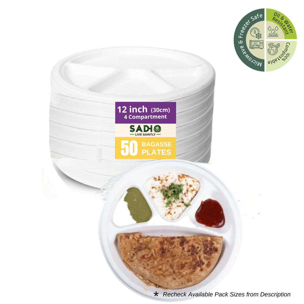 12 inch (30.5cm) Plates with 4 Compartments (Round) Bagasse (White)