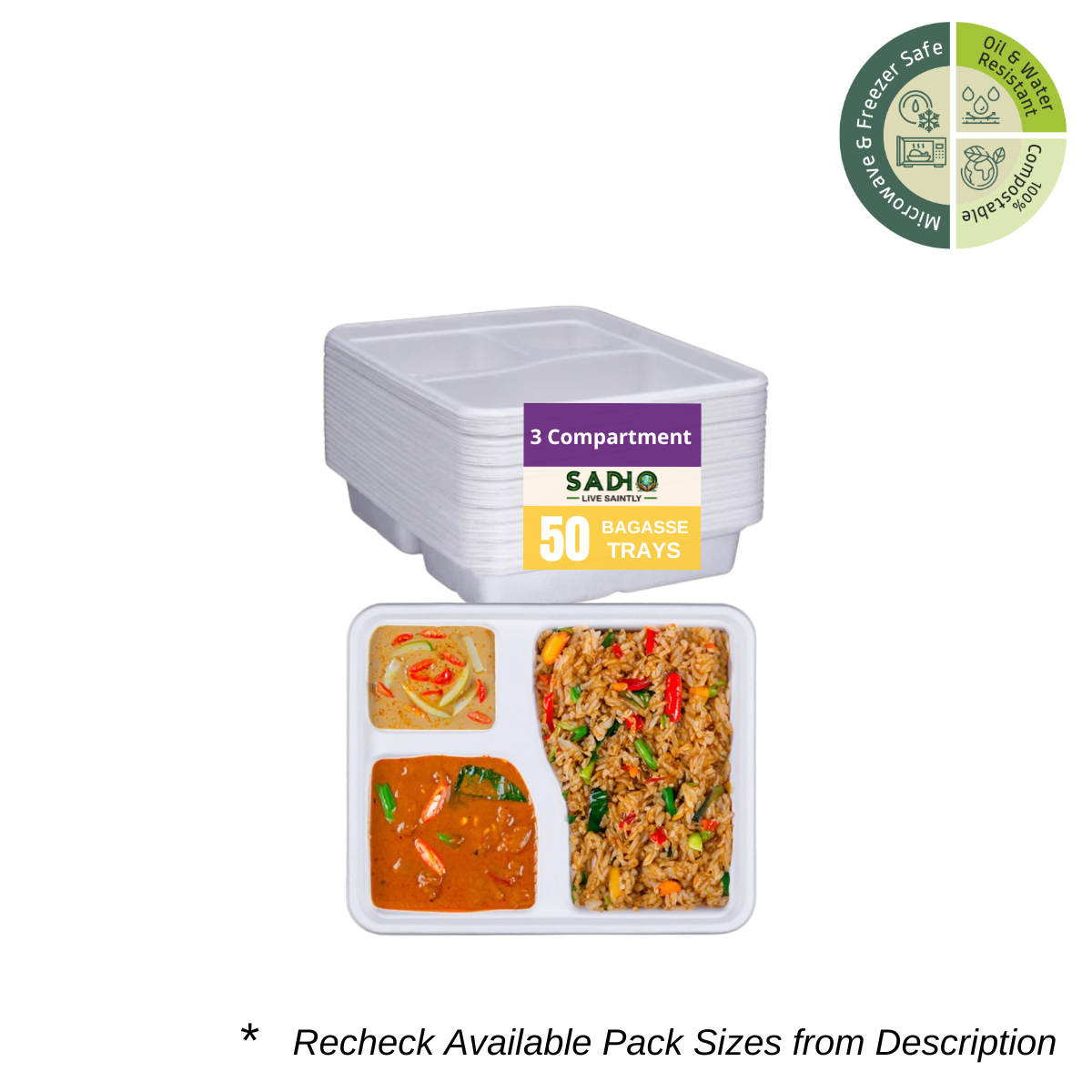 3 Compartment Meal Tray Bagasse (White)