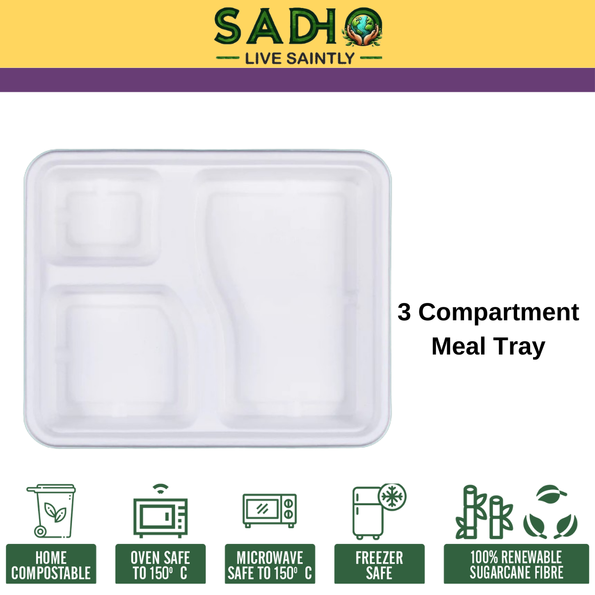 3 Compartment Meal Tray Bagasse (White)