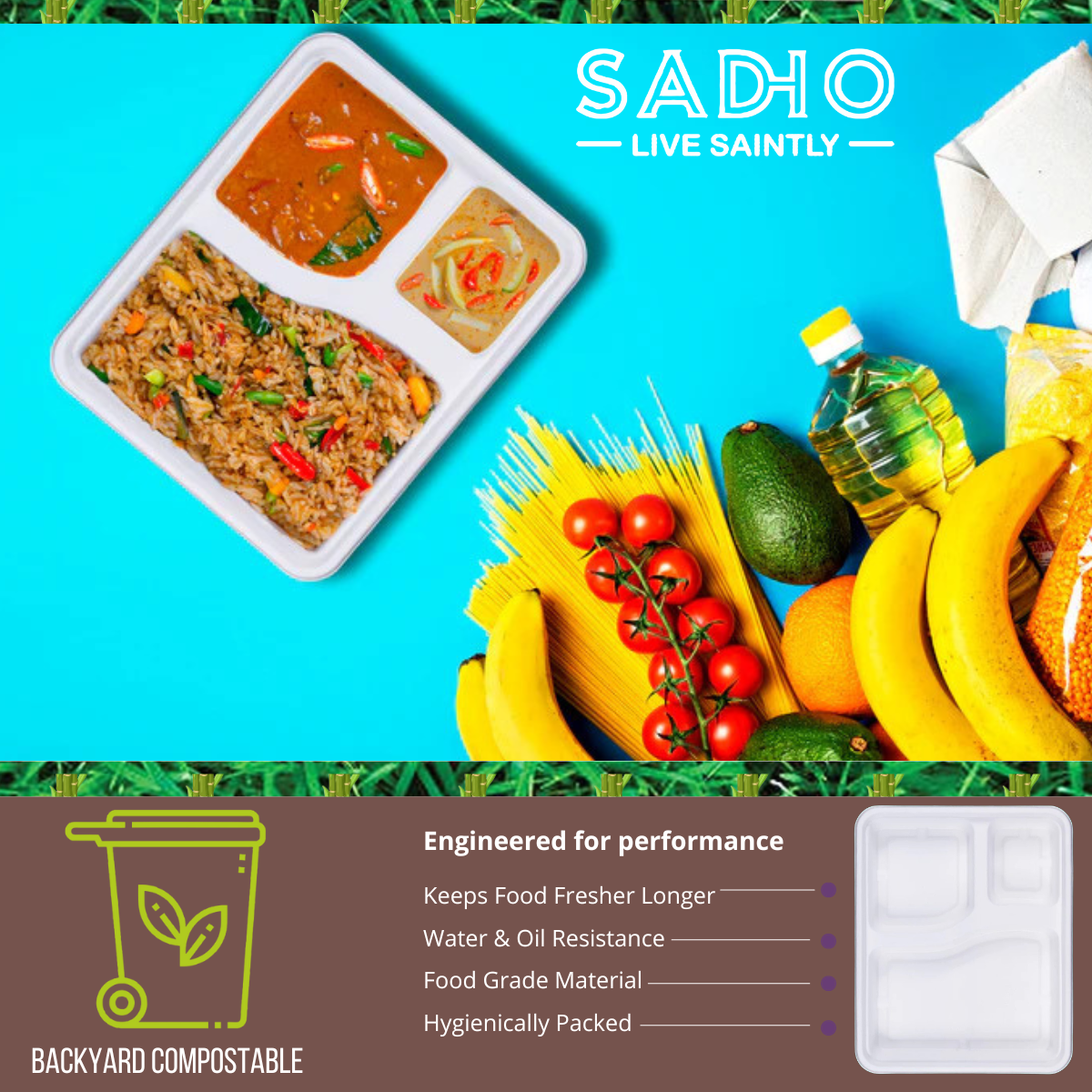 3 Compartment Meal Tray Bagasse (White)