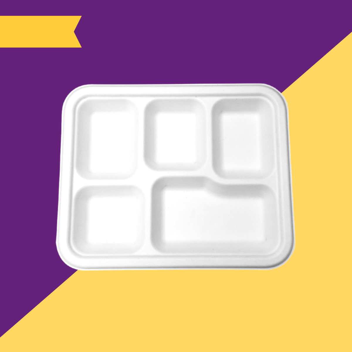 A white, bleached 5-compartment kids meal tray made of bagasse, displayed against a purple background.