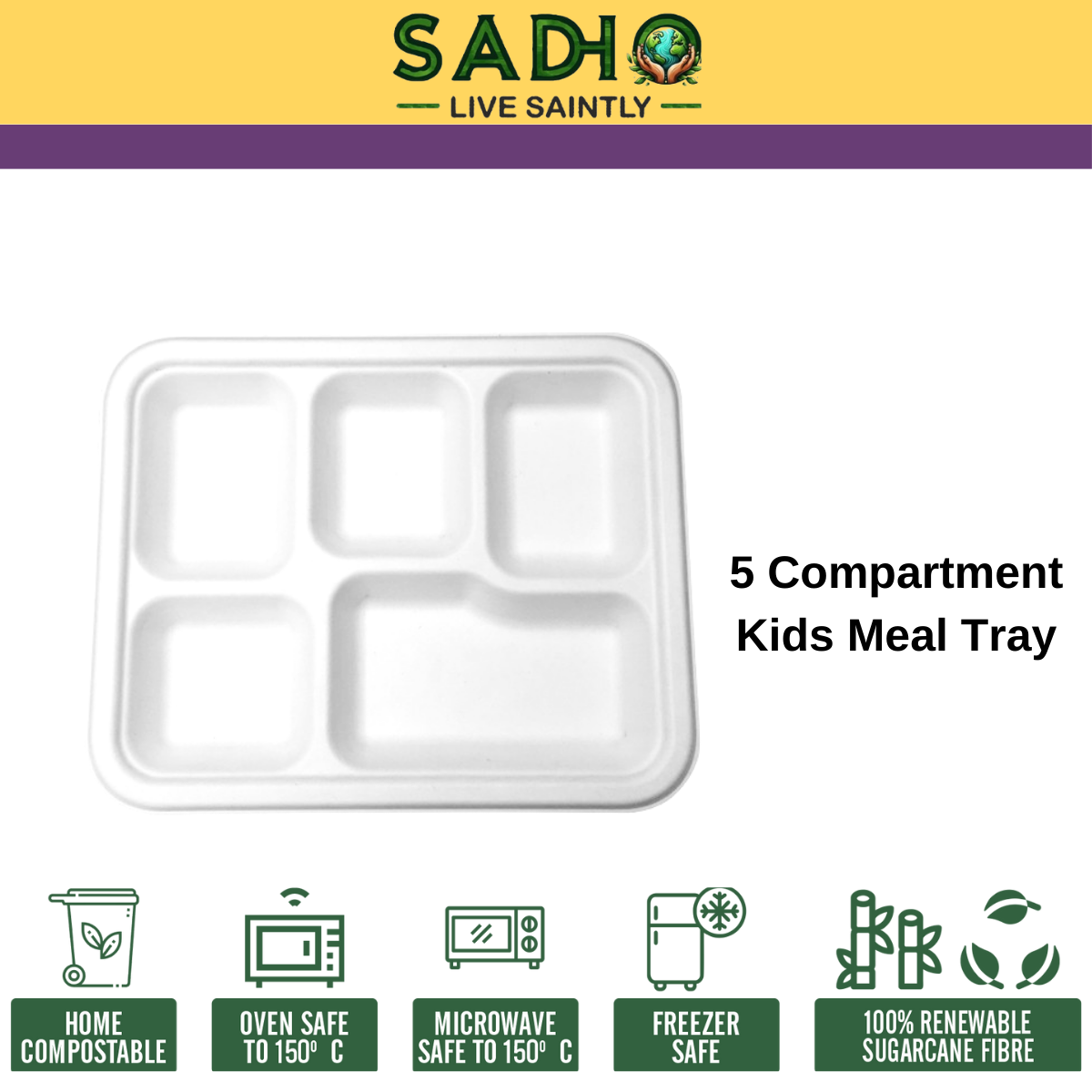 5 Compartment Kids Meal Tray Bagasse (White)