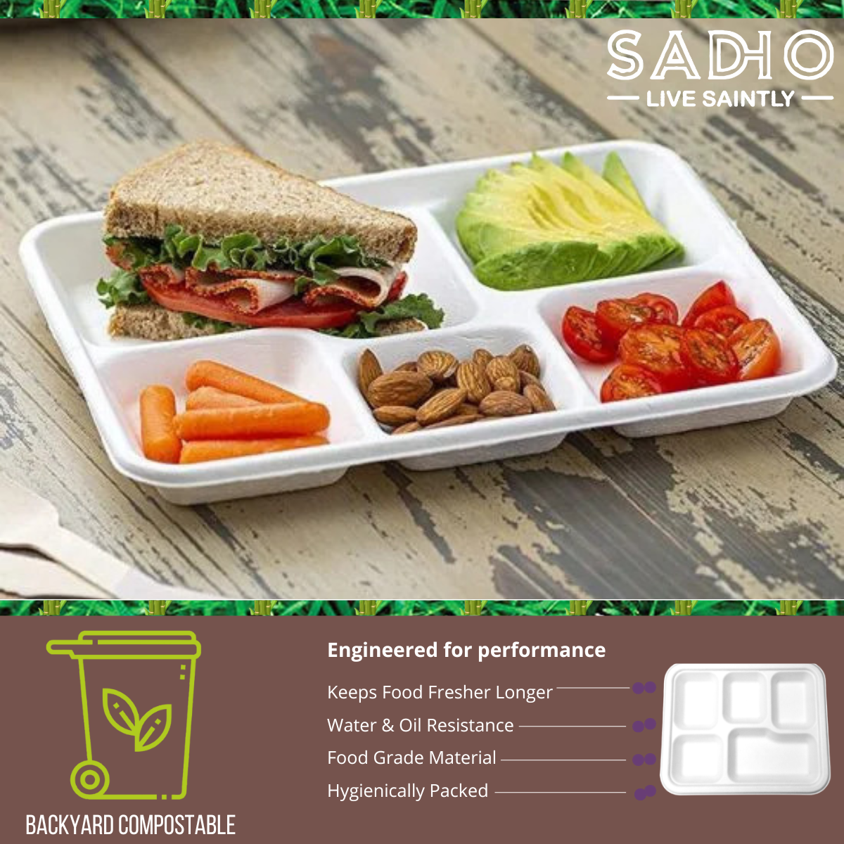 5 Compartment Kids Meal Tray Bagasse (White)