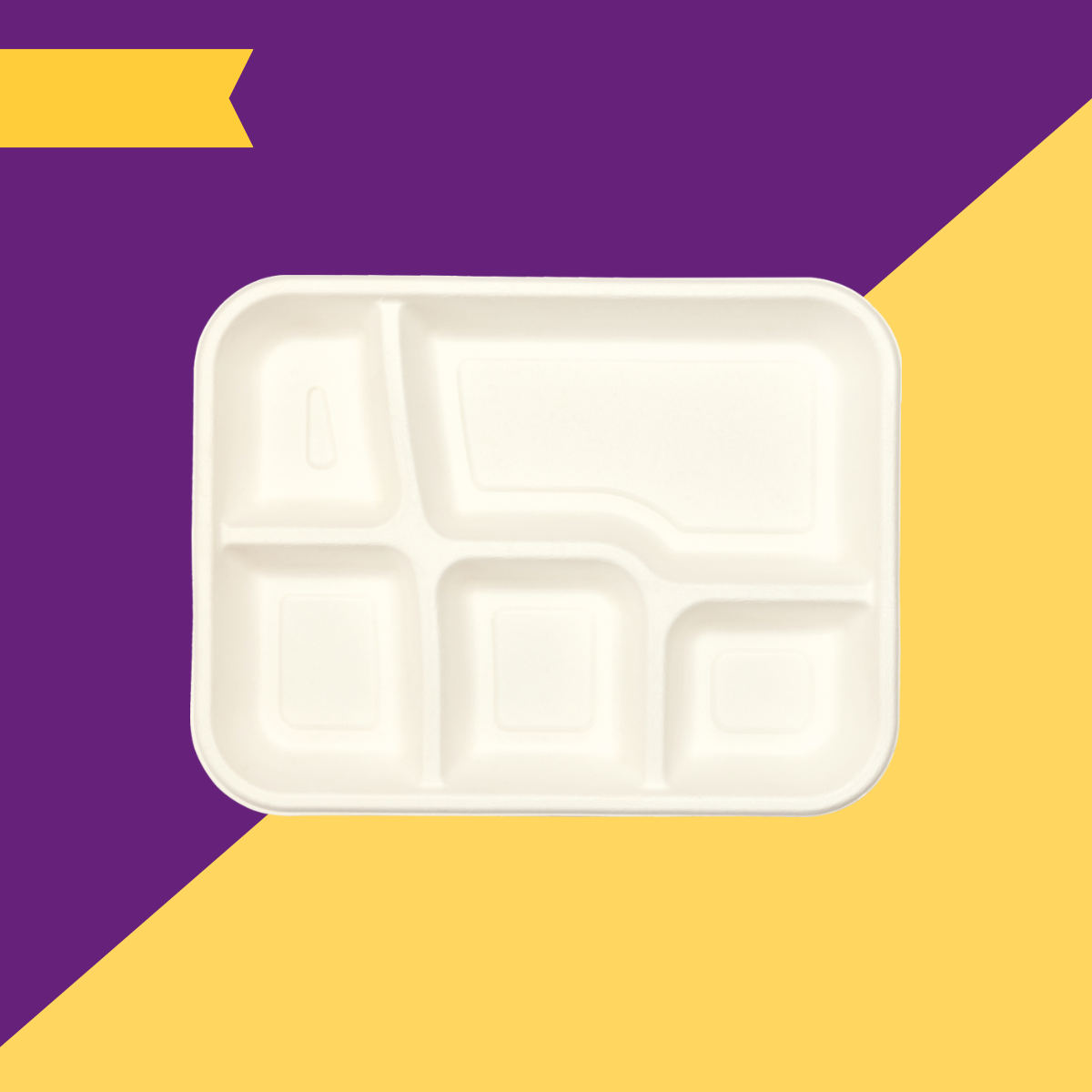 A white, 5-compartment meal tray made of bleached white bagasse, displayed against a purple background with a yellow triangle on each side.
