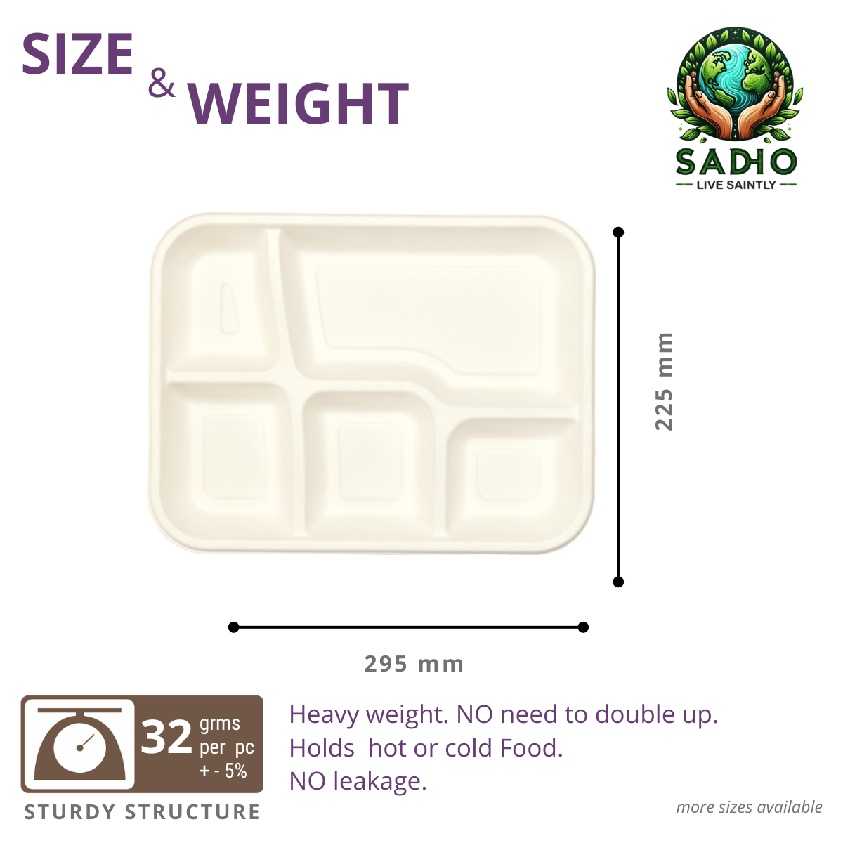 5 Compartment Meal Tray Bagasse (White)