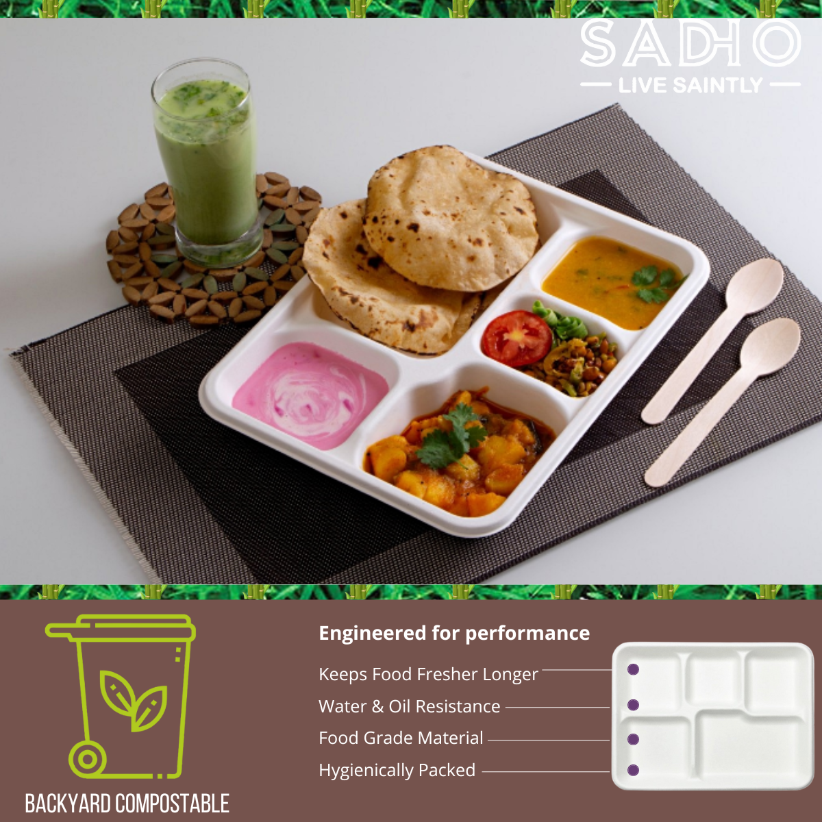 5 Compartment Meal Tray Bagasse (White)