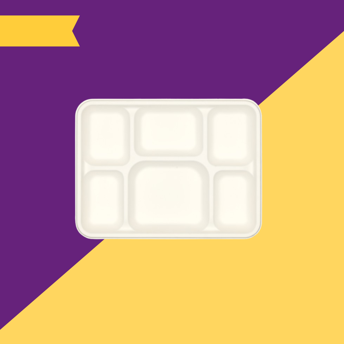 Sadho 6 compartment meal tray bagasse white compostable tray microwave freezer oil resistant Yellow Purple Background