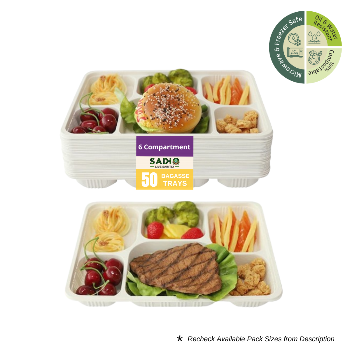 6 Compartment Meal Tray Bagasse (White)