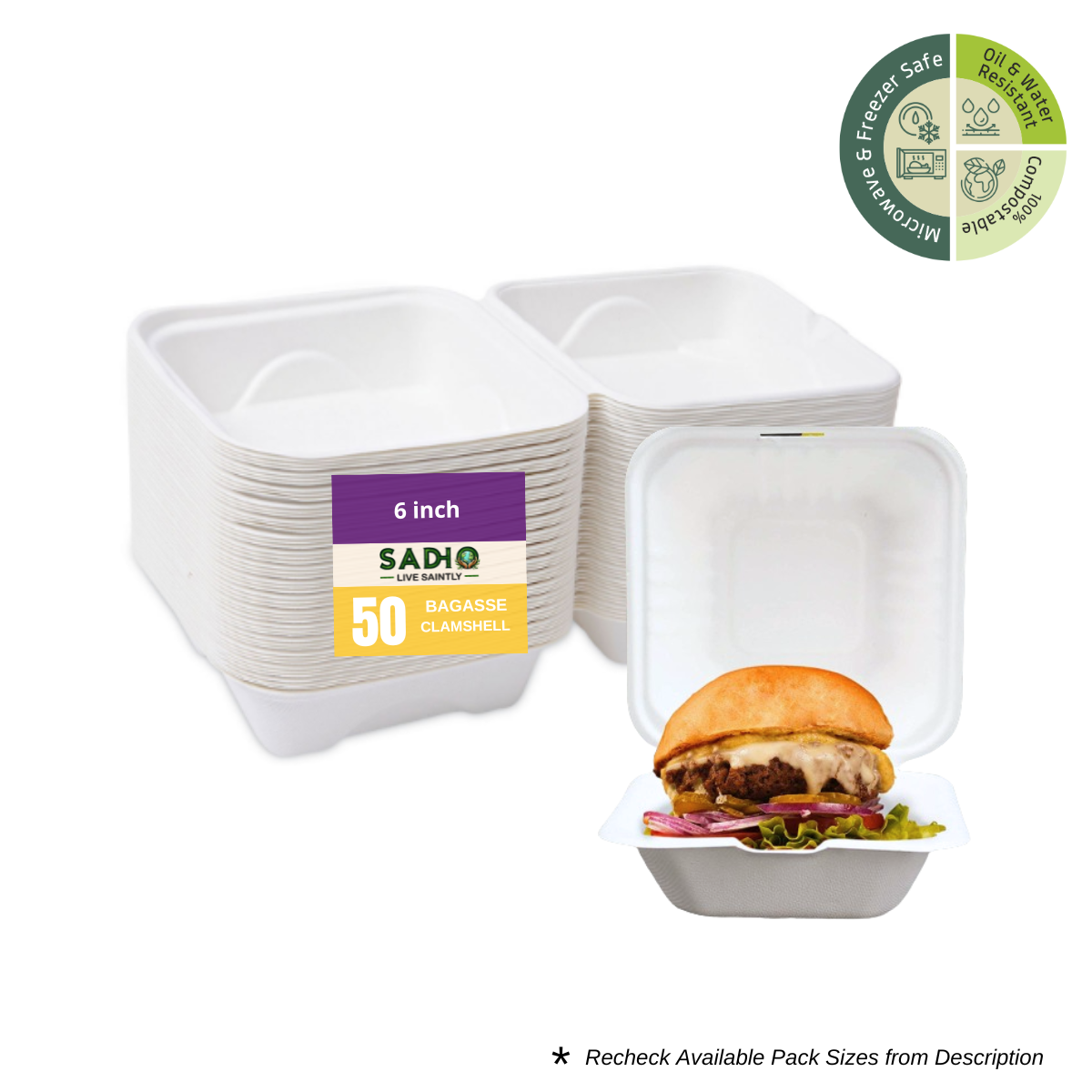 6 inch (15 cm) Clamshell Bagasse (White)
