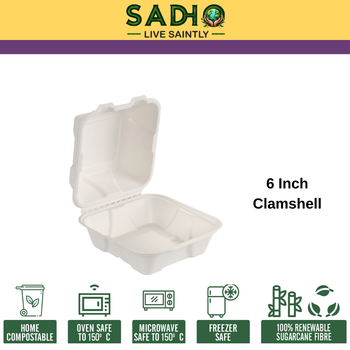 6 inch (15 cm) Clamshell Bagasse (White)