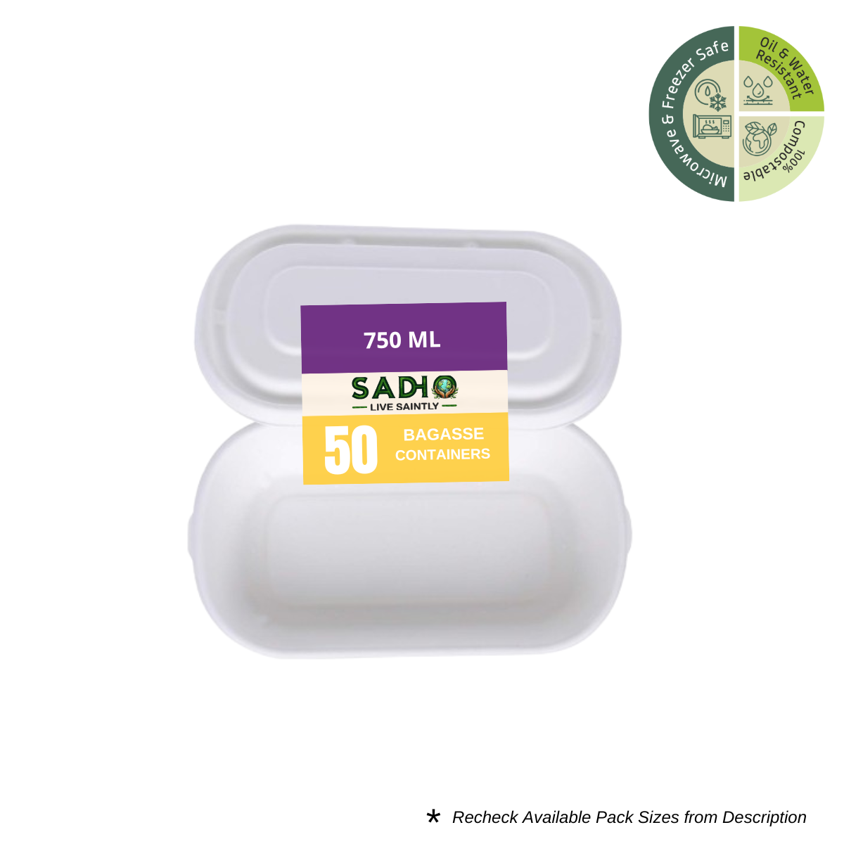 34oz (1000 ml) Containers (Rectoval) Bagasse (White)