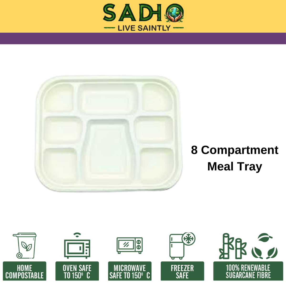 8 Compartment Meal Tray Bagasse (White)