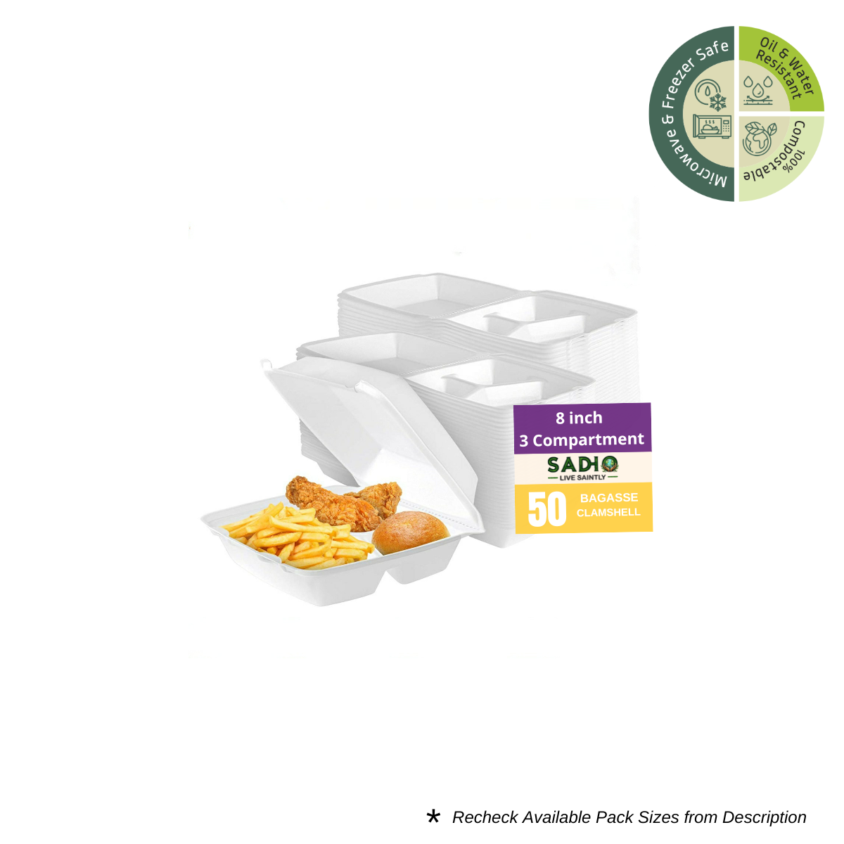 8 inch 3 Compartment (21 cm) Clamshell Bagasse (White)