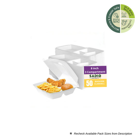 8 inch 3 Compartment (21 cm) Clamshell Bagasse (White)