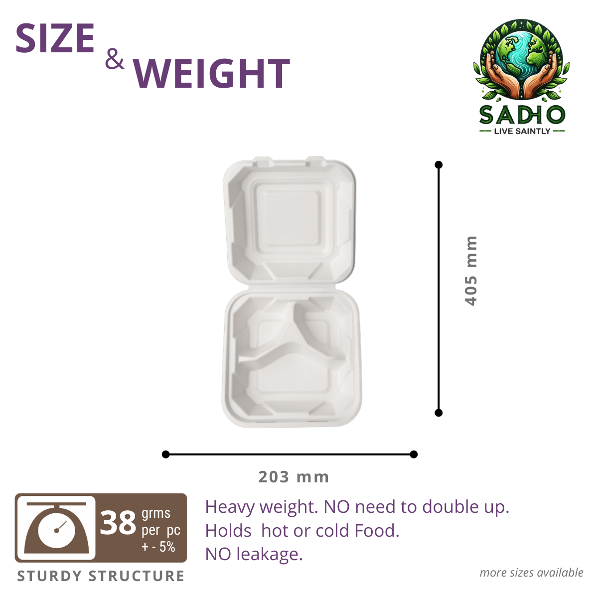 8 inch 3 Compartment (21 cm) Clamshell Bagasse (White)