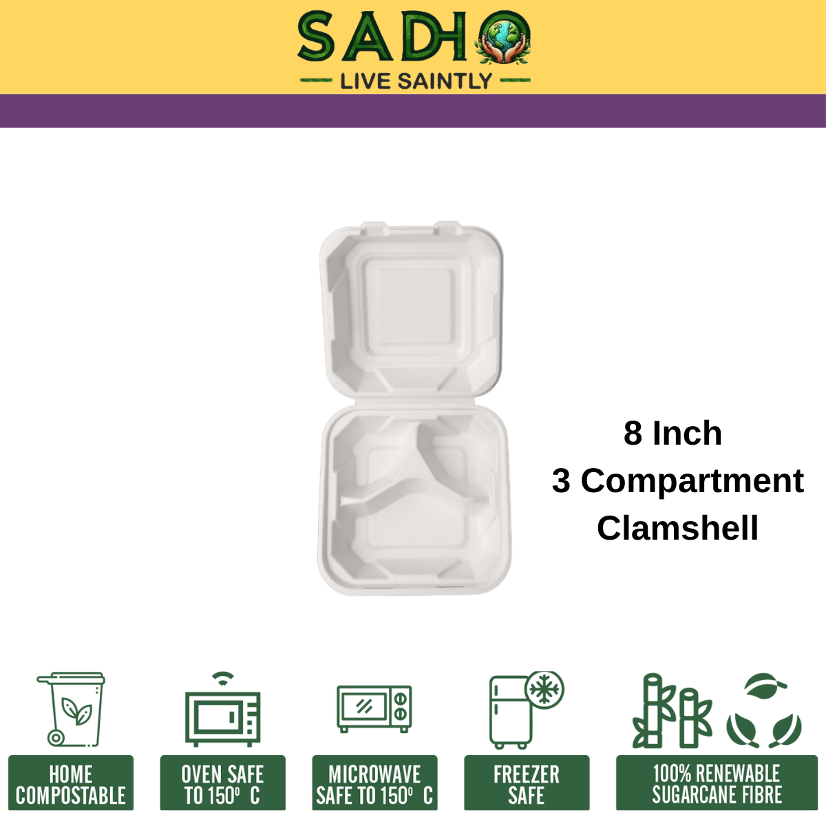 8 inch 3 Compartment (21 cm) Clamshell Bagasse (White)
