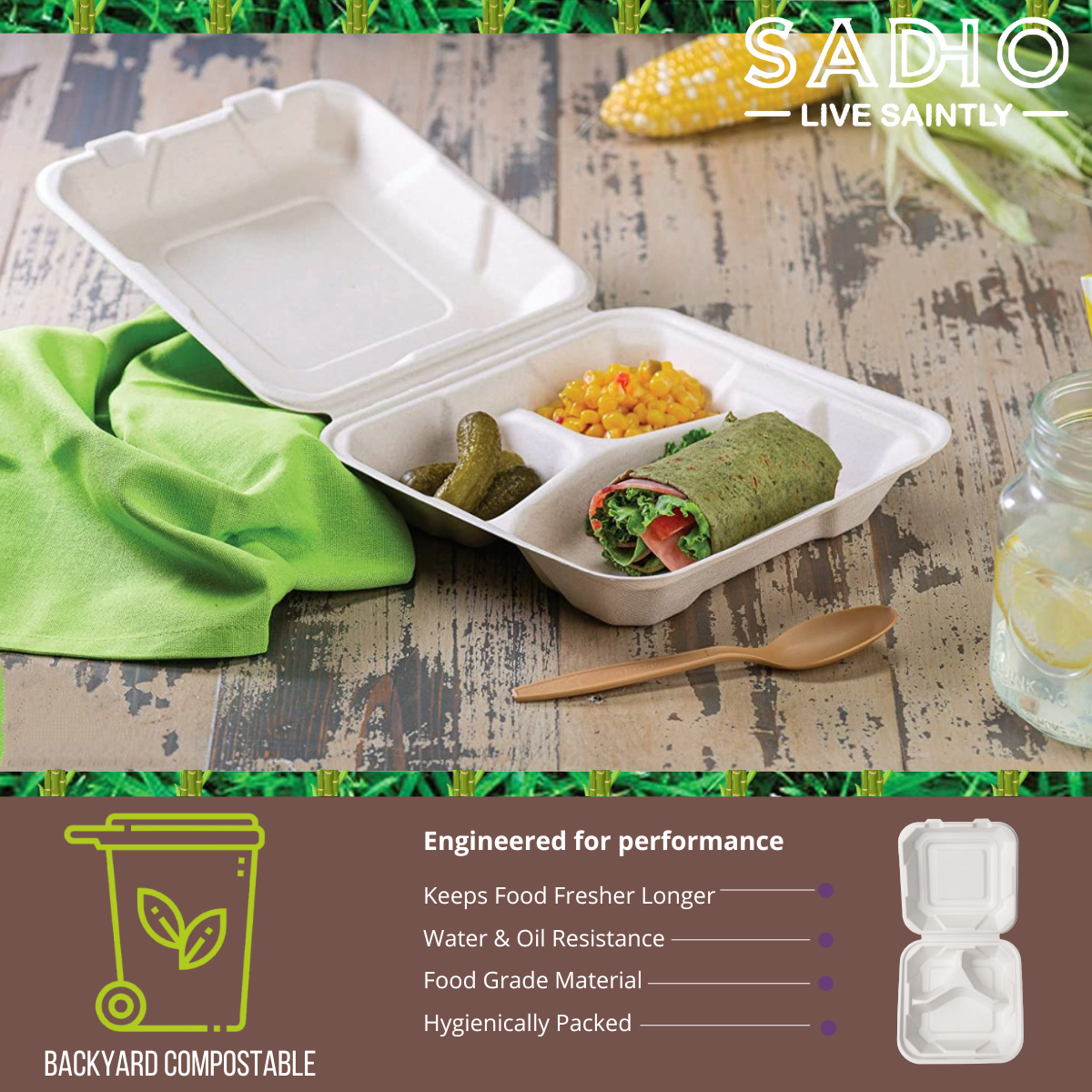 8 inch 3 Compartment (21 cm) Clamshell Bagasse (White)