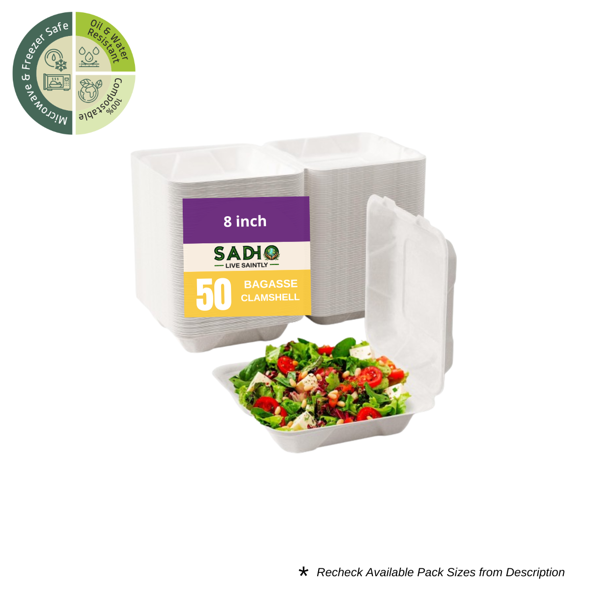 8 inch (21 cm) Clamshell Bagasse (White)