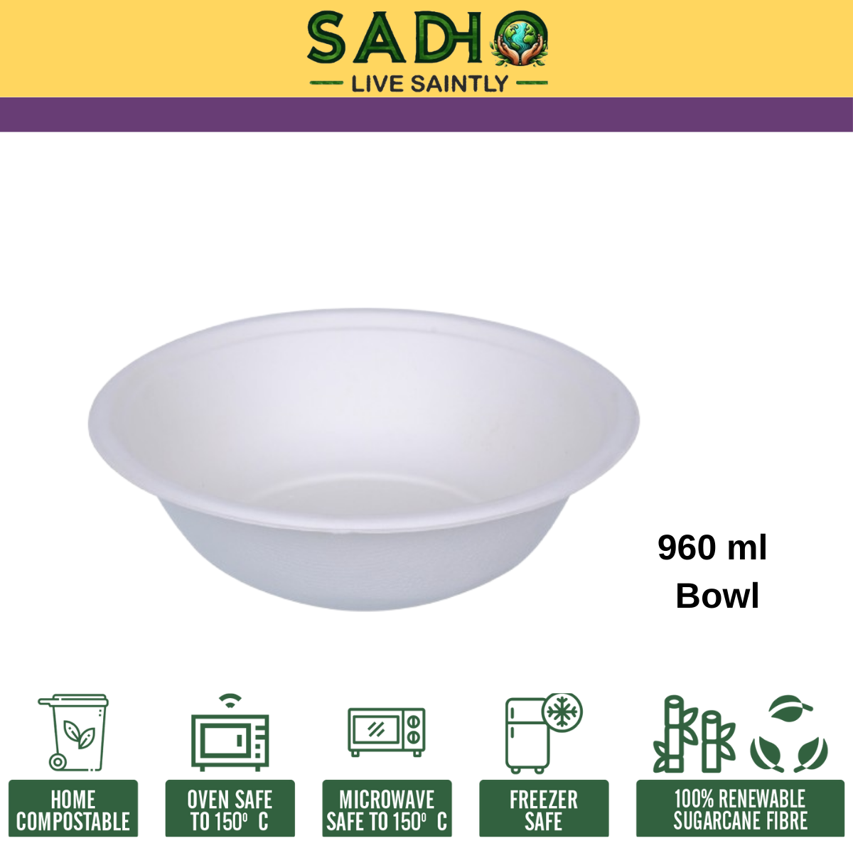32oz (960 ml) Bowls (Round) Bagasse (White)