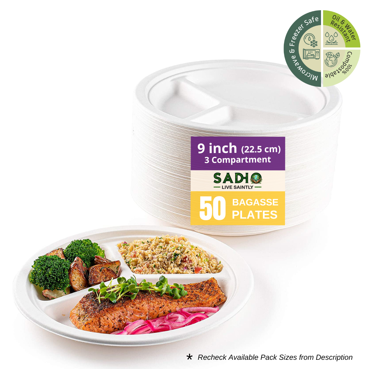 9 inch (23cm) Plates with 3 Compartments (Round) Bagasse (White)