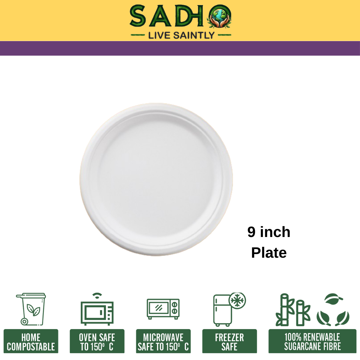 9 inch (23cm) Plates (Round) Bagasse (White)