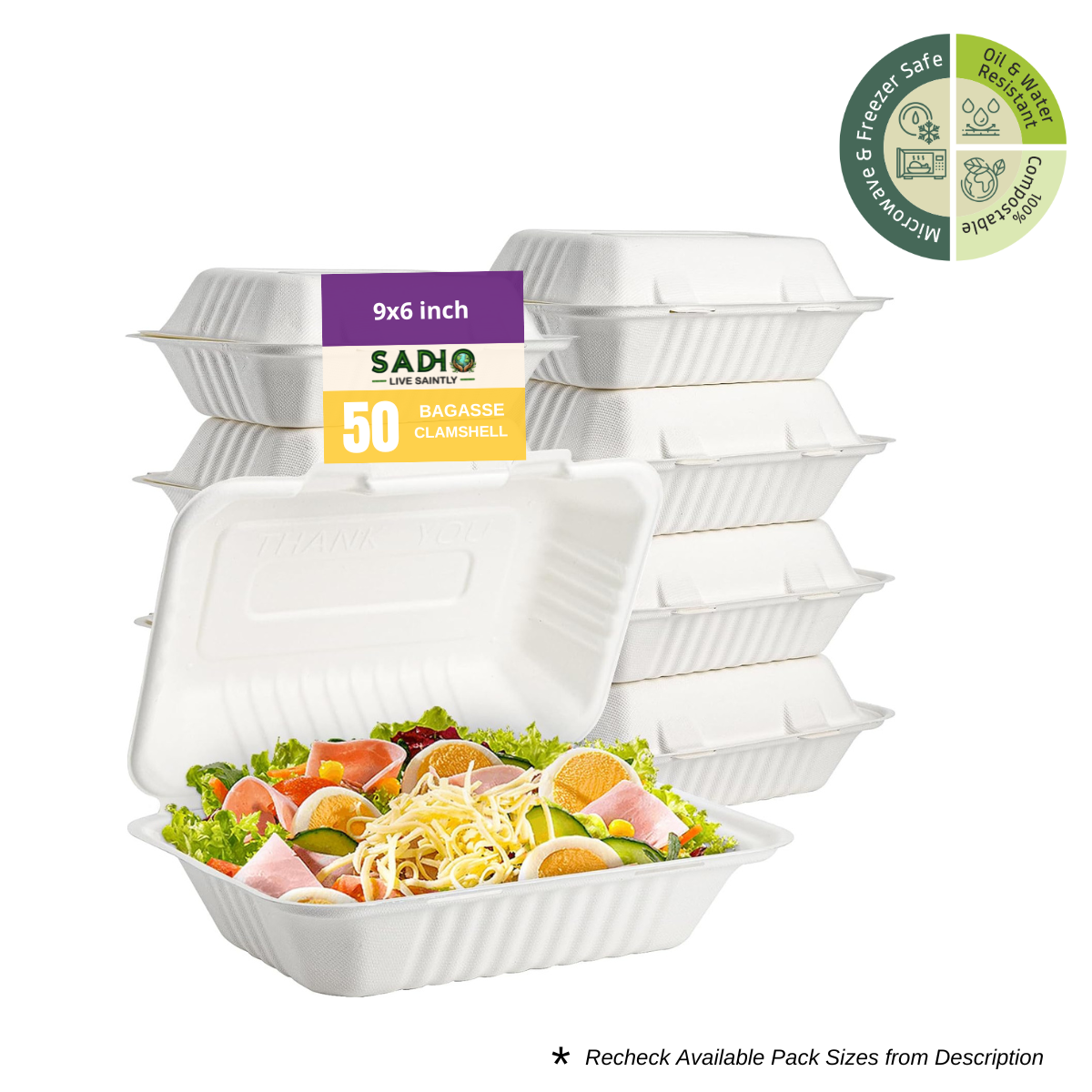 9X6 inch (23X15 cm) Clamshell Bagasse (White)