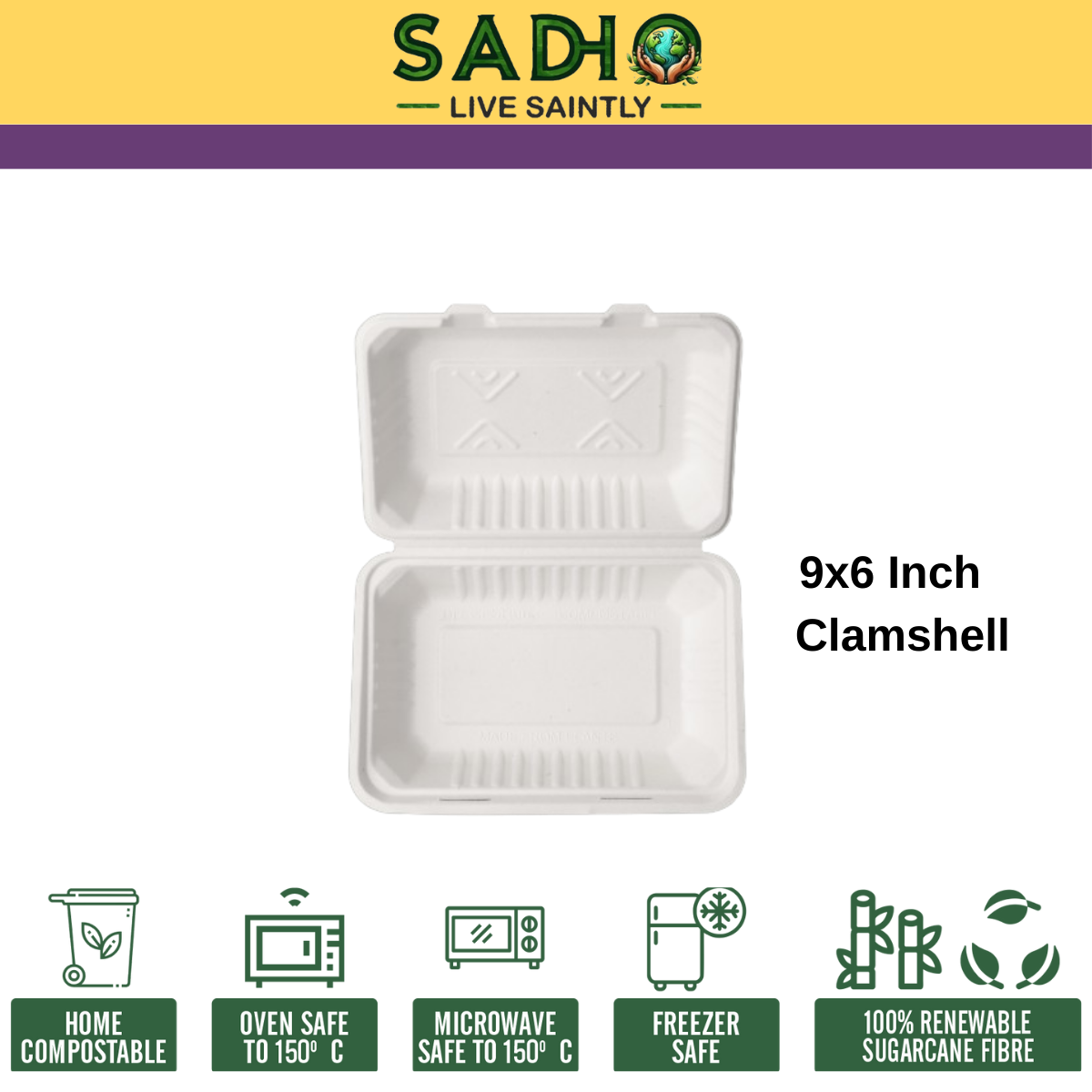9X6 inch (23X15 cm) Clamshell Bagasse (White)