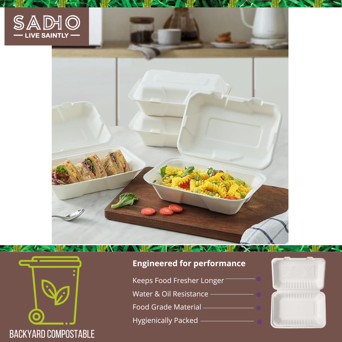 9X6 inch (23X15 cm) Clamshell Bagasse (White)