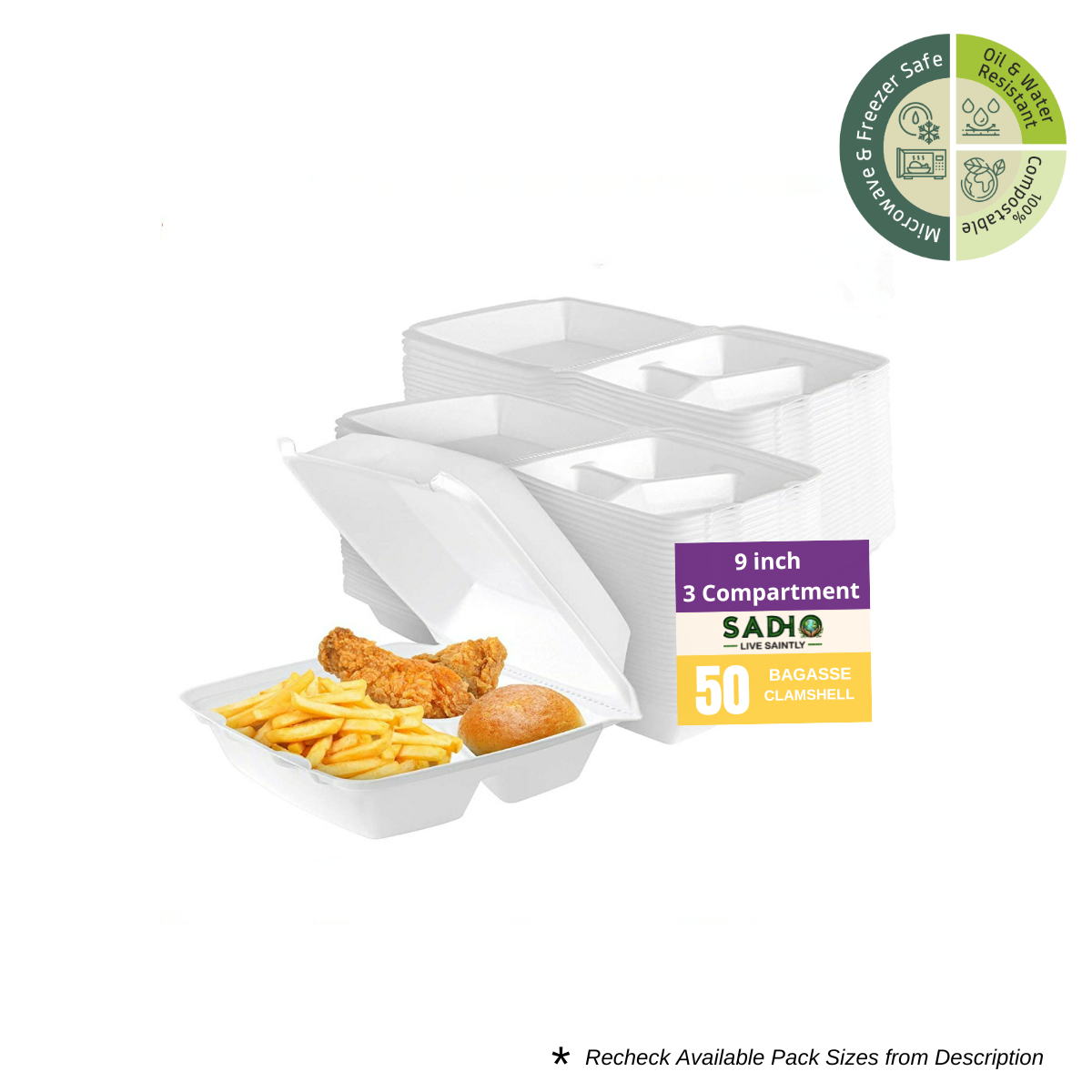 9 inch (23 cm) 3 Compartment Clamshell Bagasse (White)