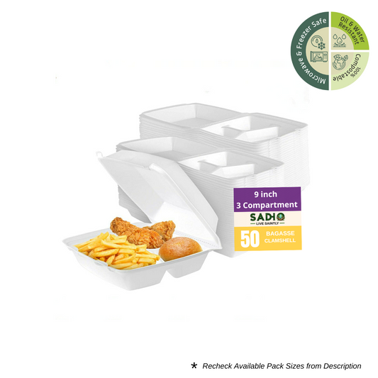 9 inch (23 cm) 3 Compartment Clamshell Bagasse (White)