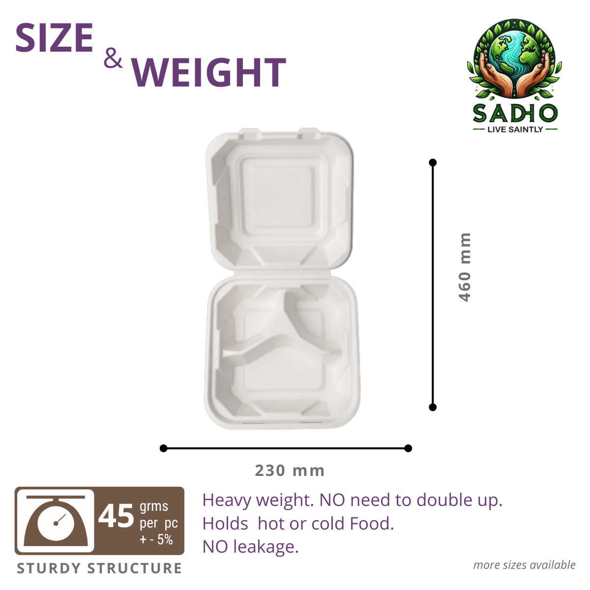 9 inch (23 cm) 3 Compartment Clamshell Bagasse (White)