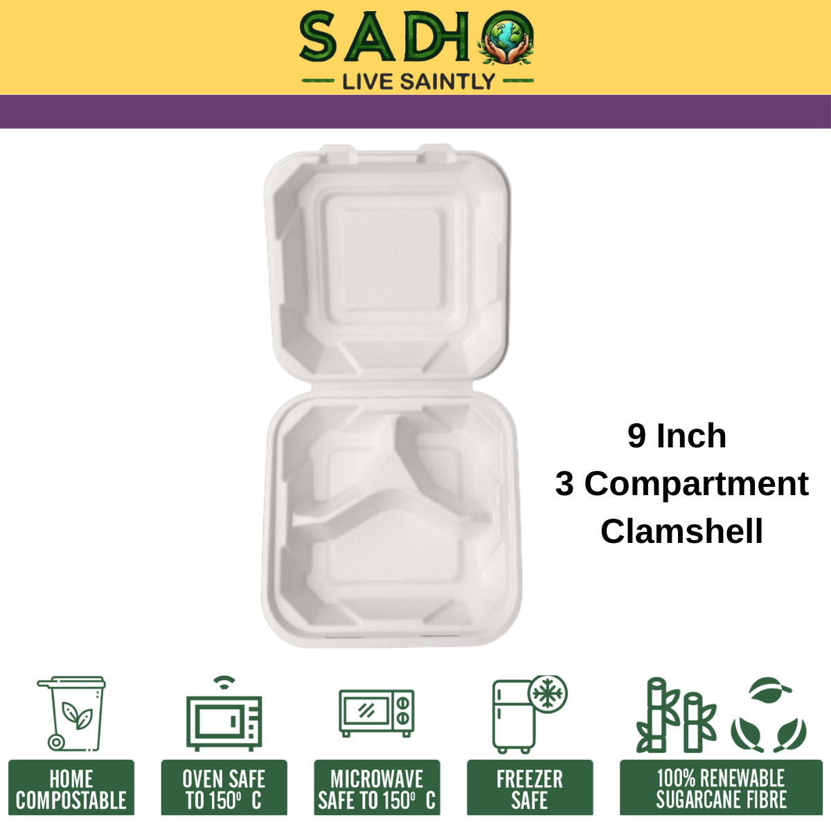 9 inch (23 cm) 3 Compartment Clamshell Bagasse (White)
