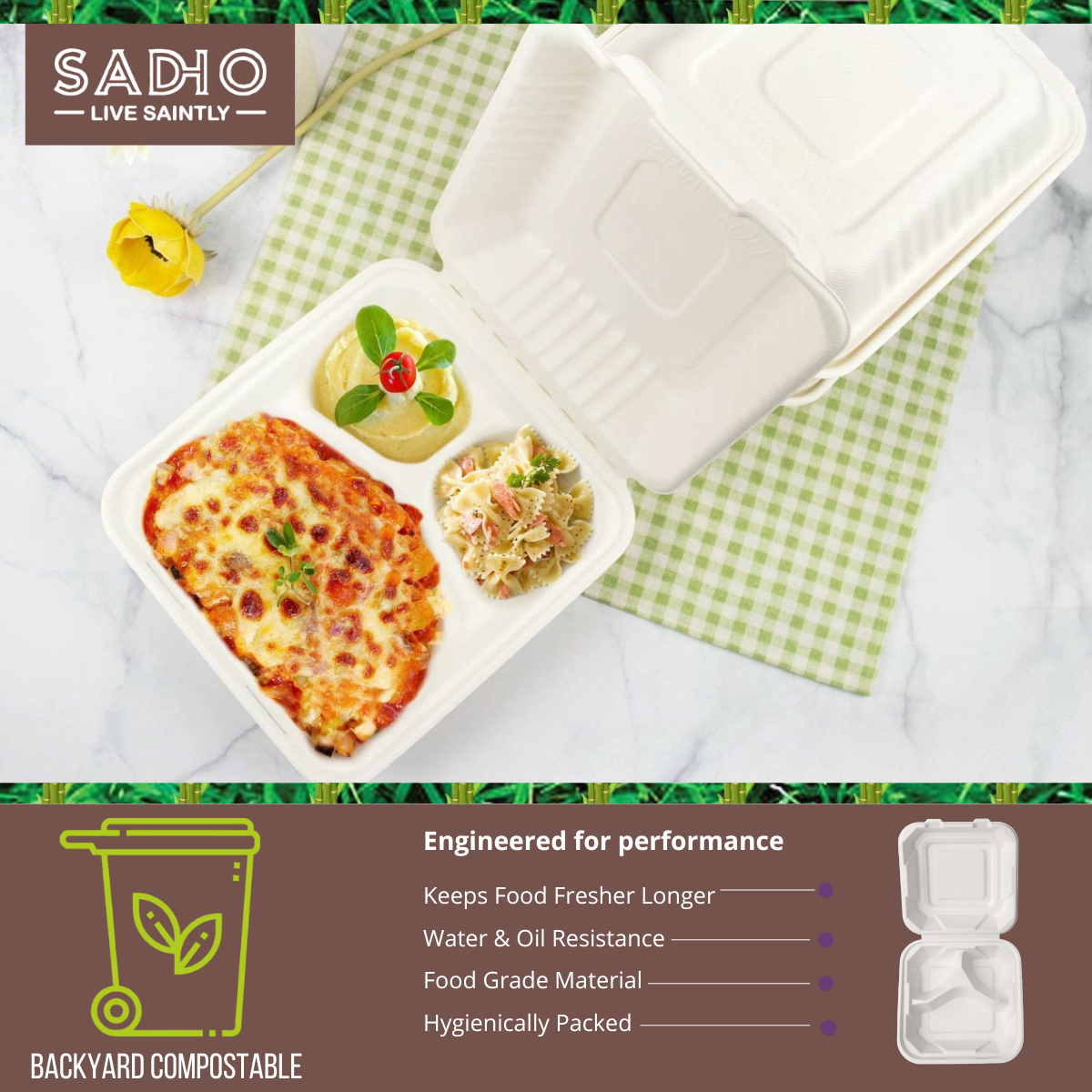 9 inch (23 cm) 3 Compartment Clamshell Bagasse (White)