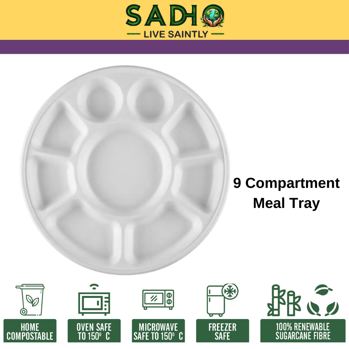9 Compartment Meal Tray Bagasse (White)