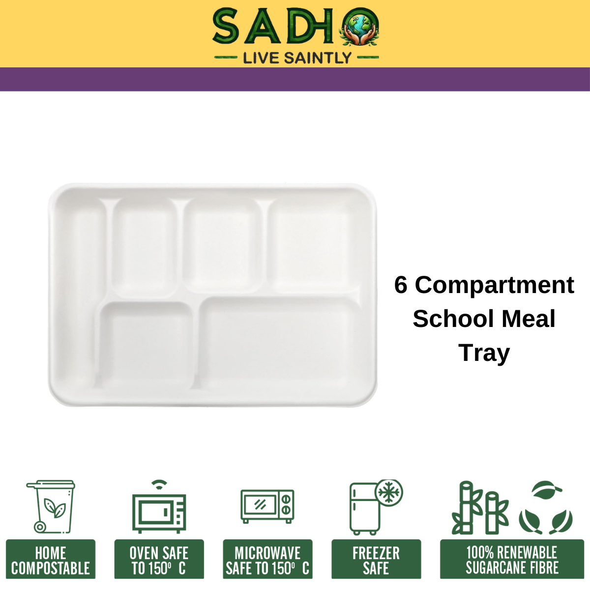 6 Compartment School Meal Tray Bagasse (White)