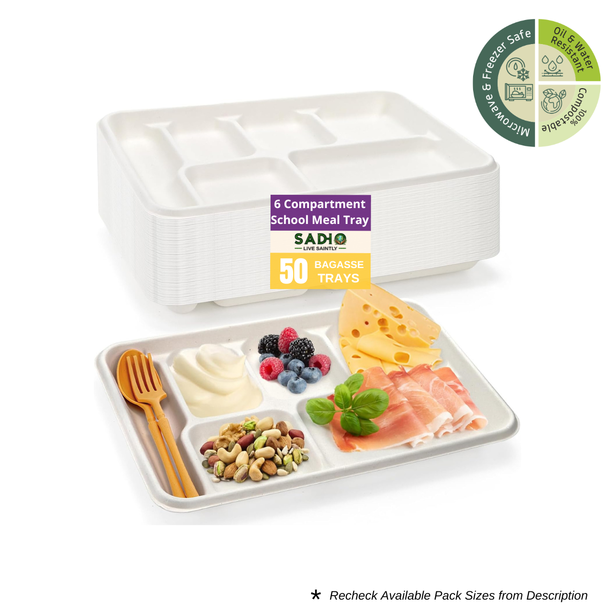6 Compartment School Meal Tray Bagasse (White)