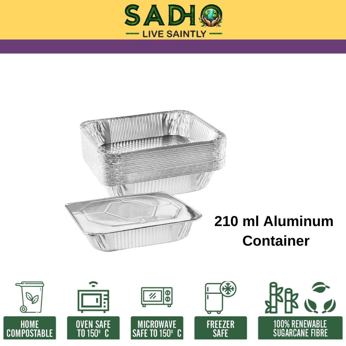 Sadho 210ml (7oz) Aluminium Foil Containers for Food Packing, Ovensafe Baking Containers, Food parcel boxes