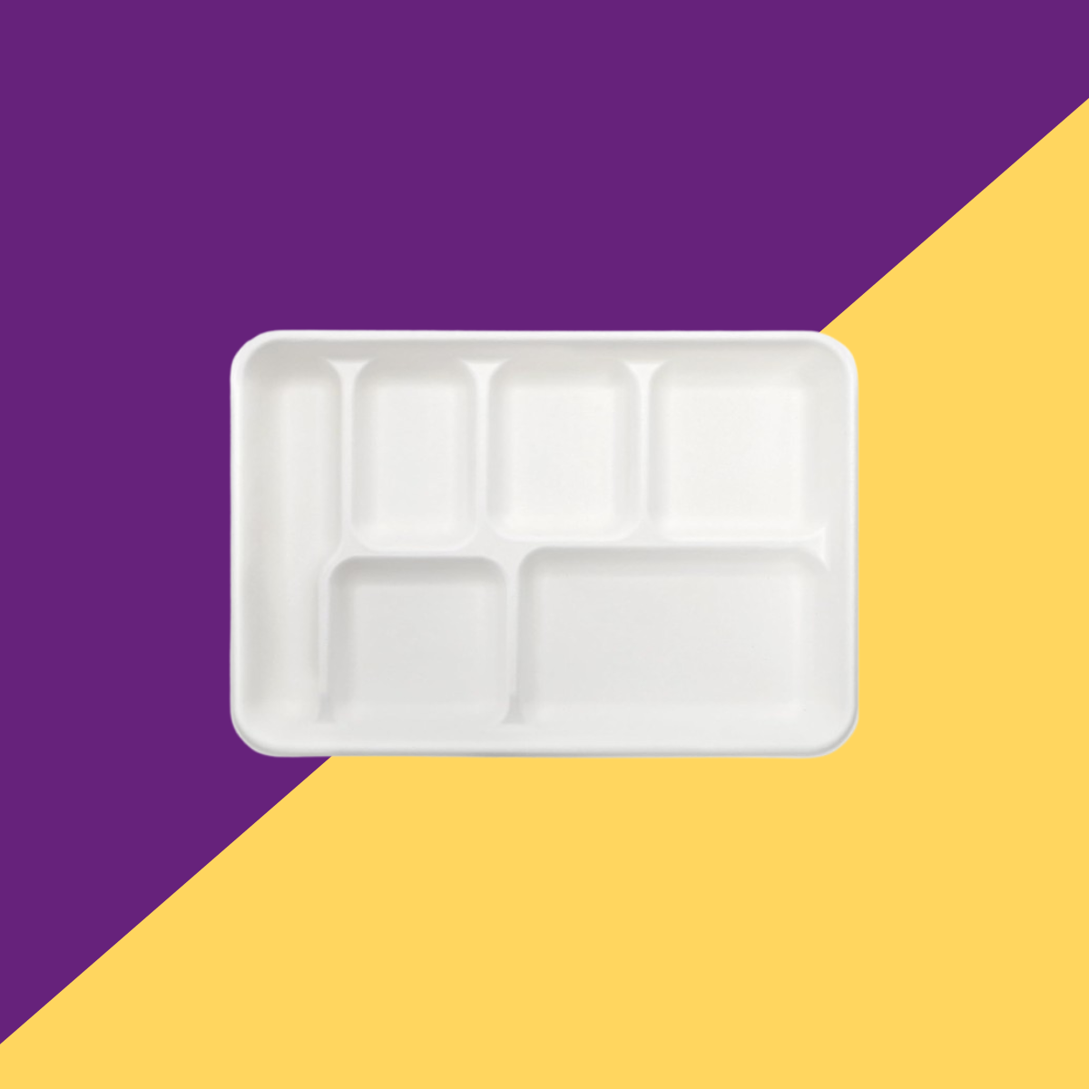 Sadho 6 compartment School meal tray bagasse white compostable tray white purple background