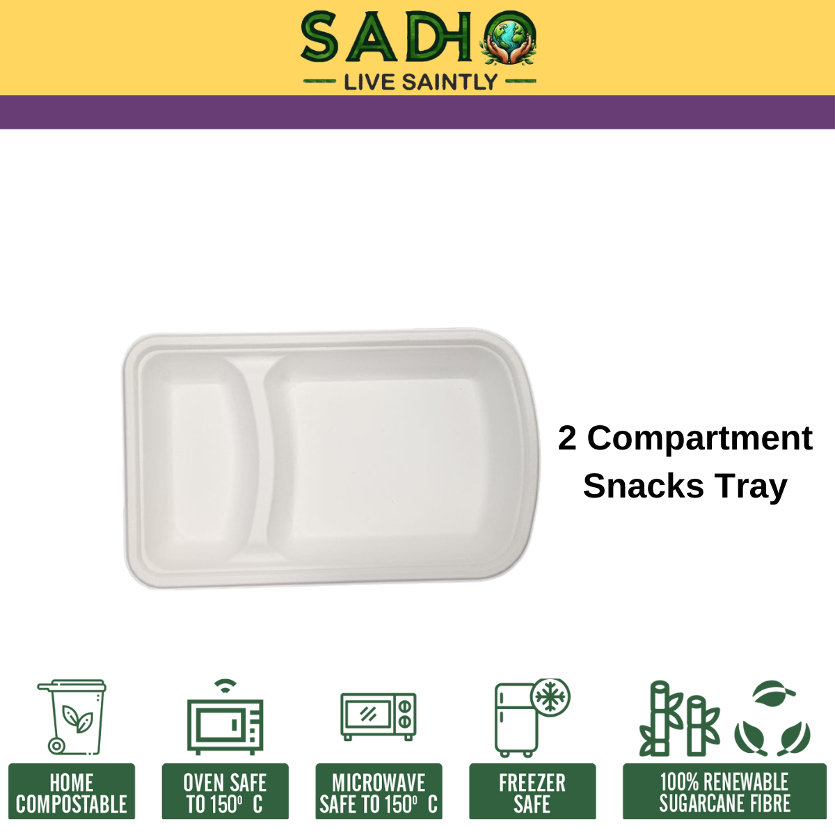 2 Compartment Snacks Tray Bagasse (White)