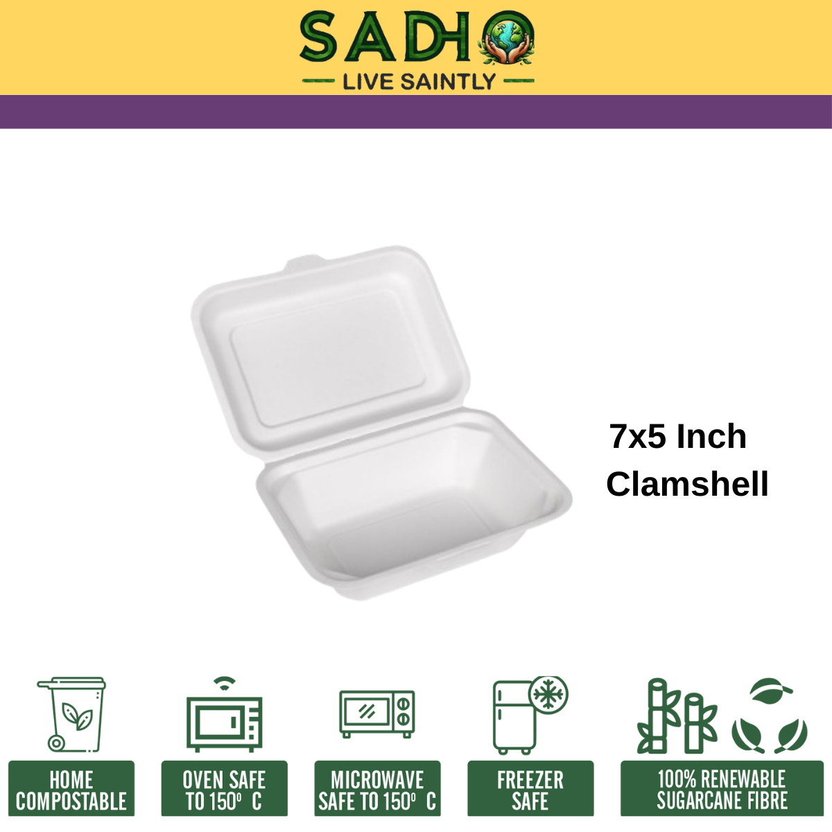 7X5 inch (18X13 cm) Clamshell Bagasse (White)