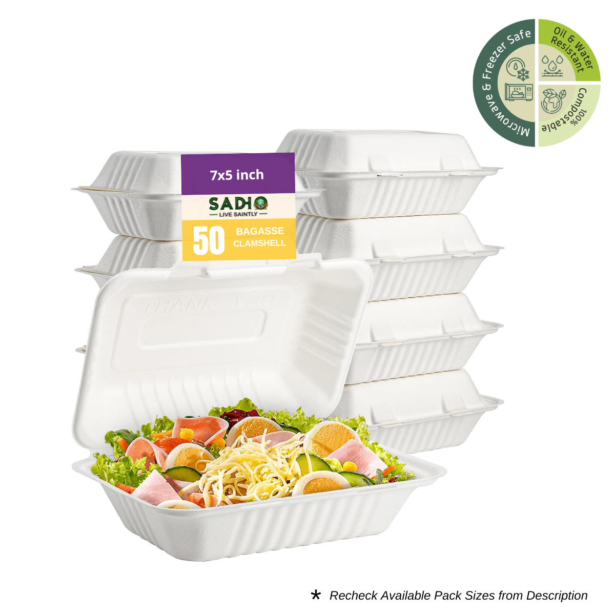 7X5 inch (18X13 cm) Clamshell Bagasse (White)