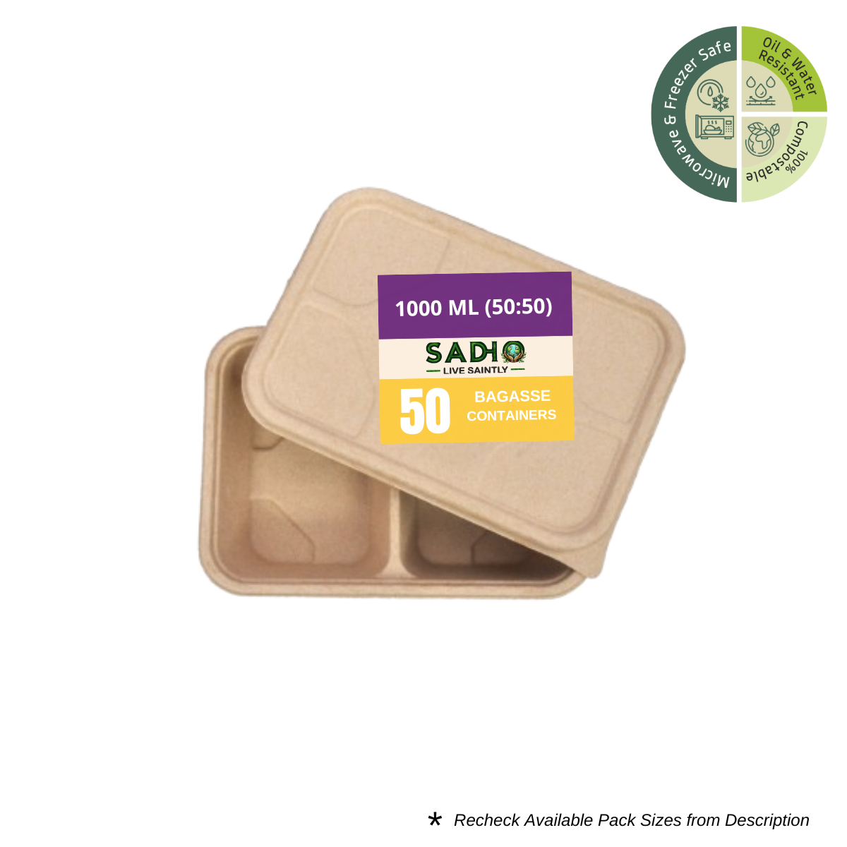 1000 ml (50-50) Container Bagasse (Brown)