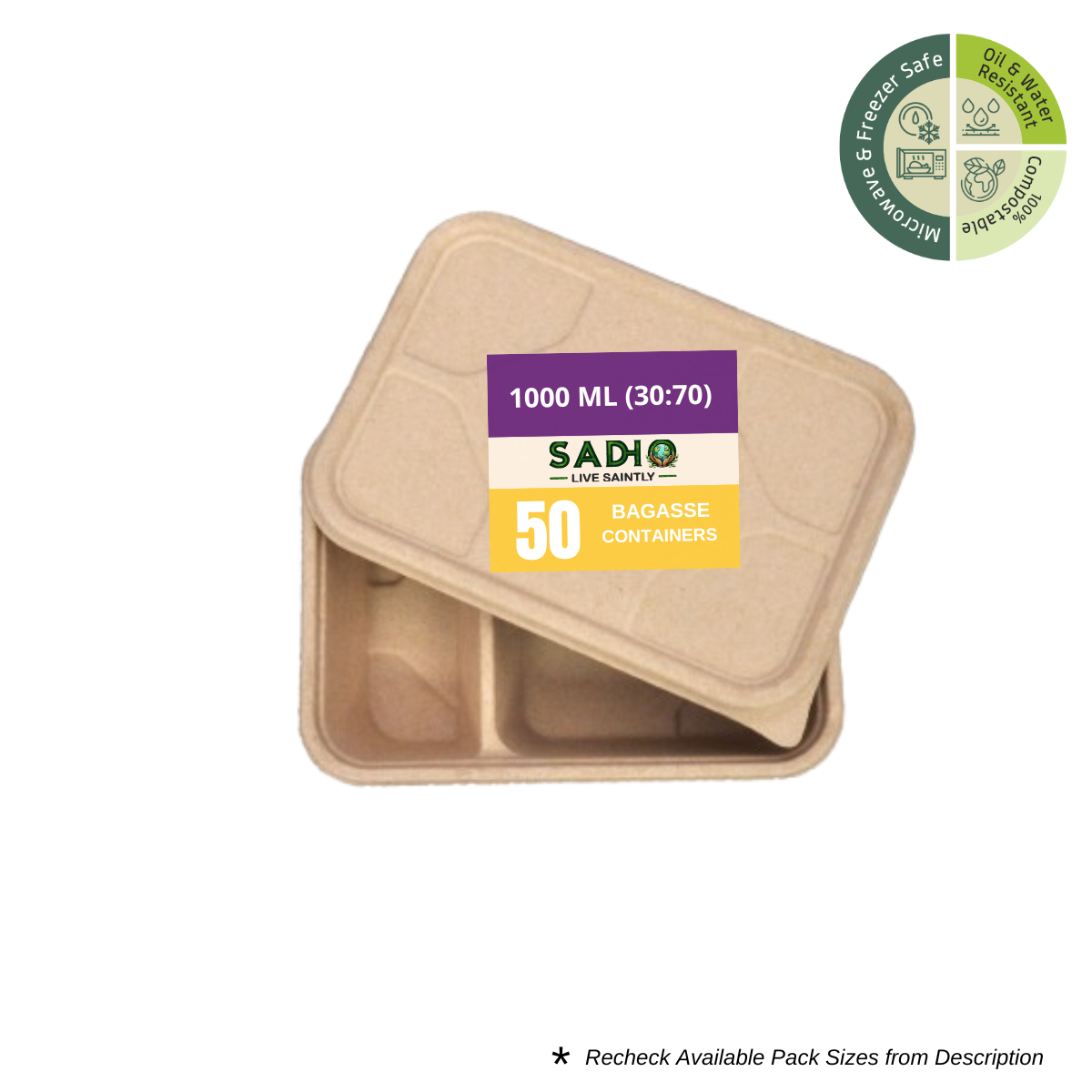 1000 ml (30-70) Container Bagasse (Brown)