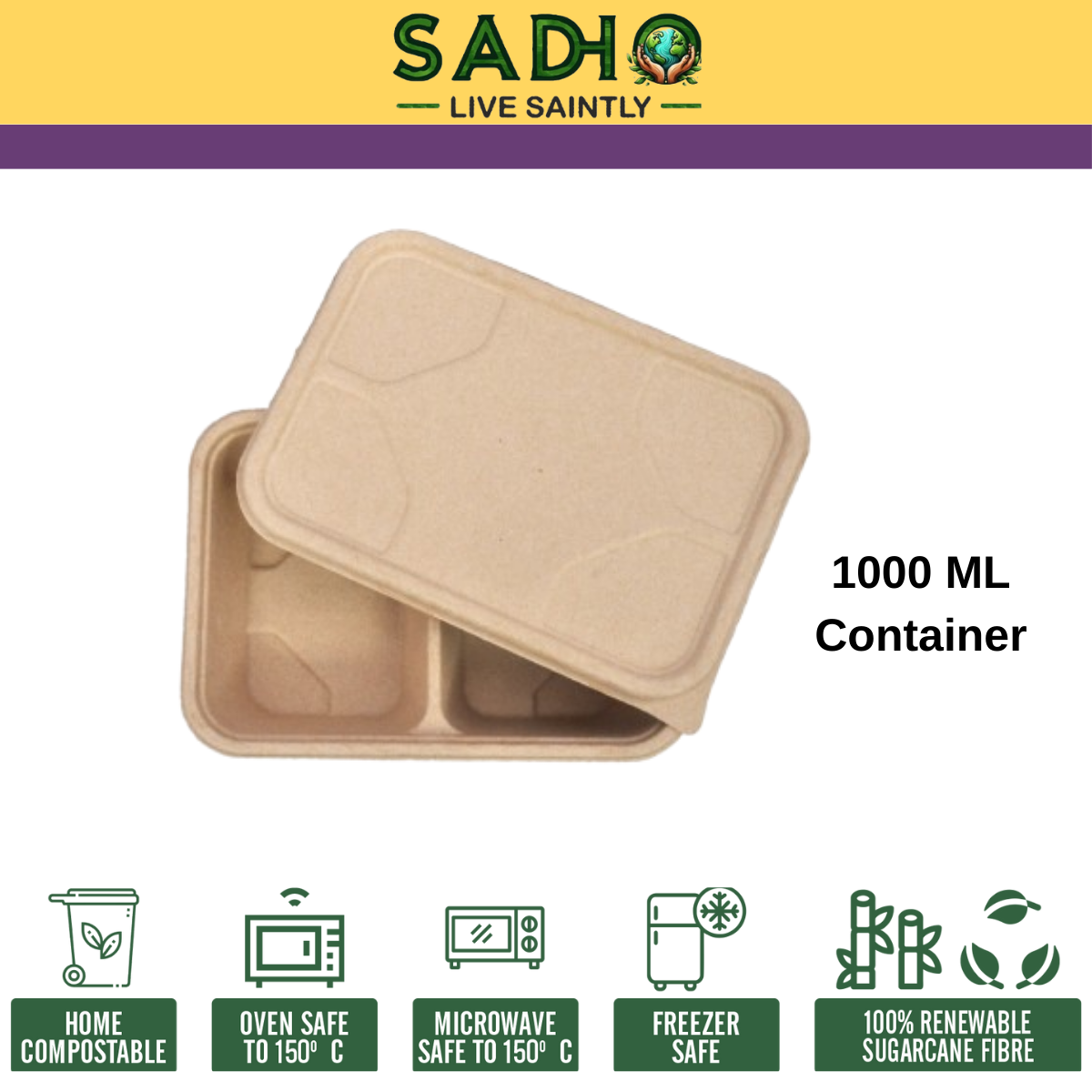 1000 ml (50-50) Container Bagasse (Brown)