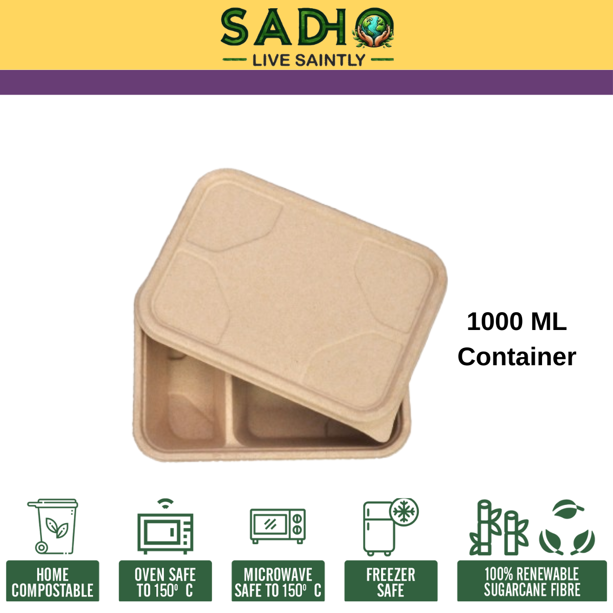 1000 ml (30-70) Container Bagasse (Brown)